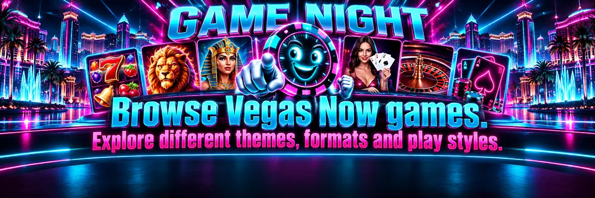 A neon casino game selection arranged around the Vegas Now clock-chip mascot