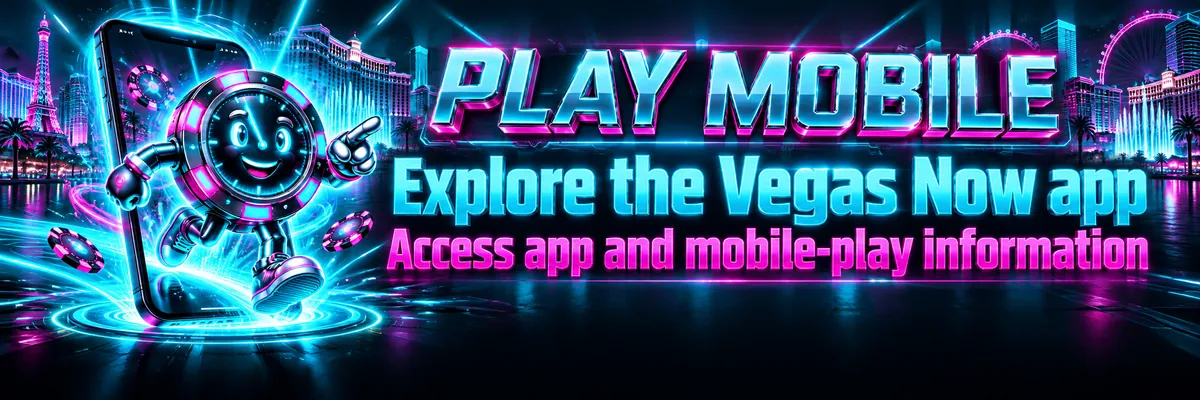 Smartphone displaying a cyan casino interface with the magenta Vegas Now clock-chip motif